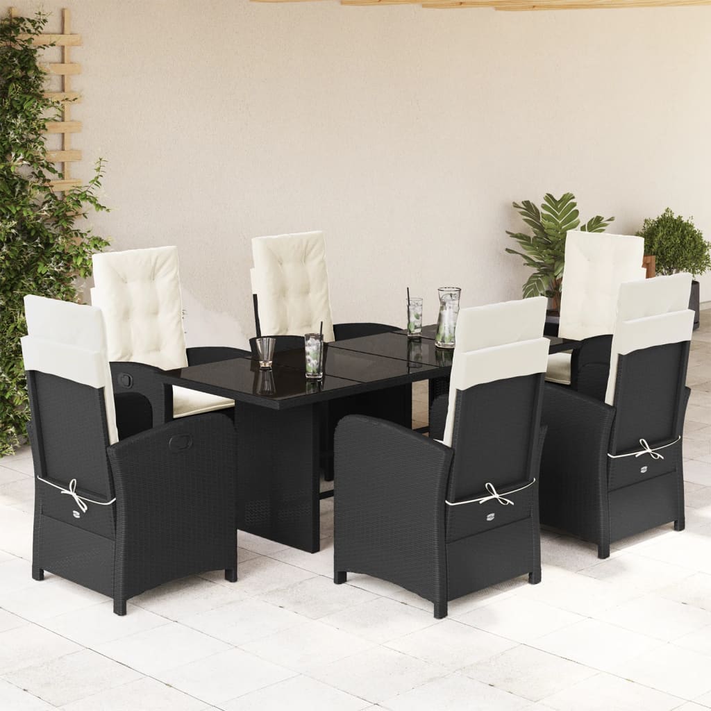 7 Pcs conjunto de jantar p/ jardim c/ almofadões vime PE preto