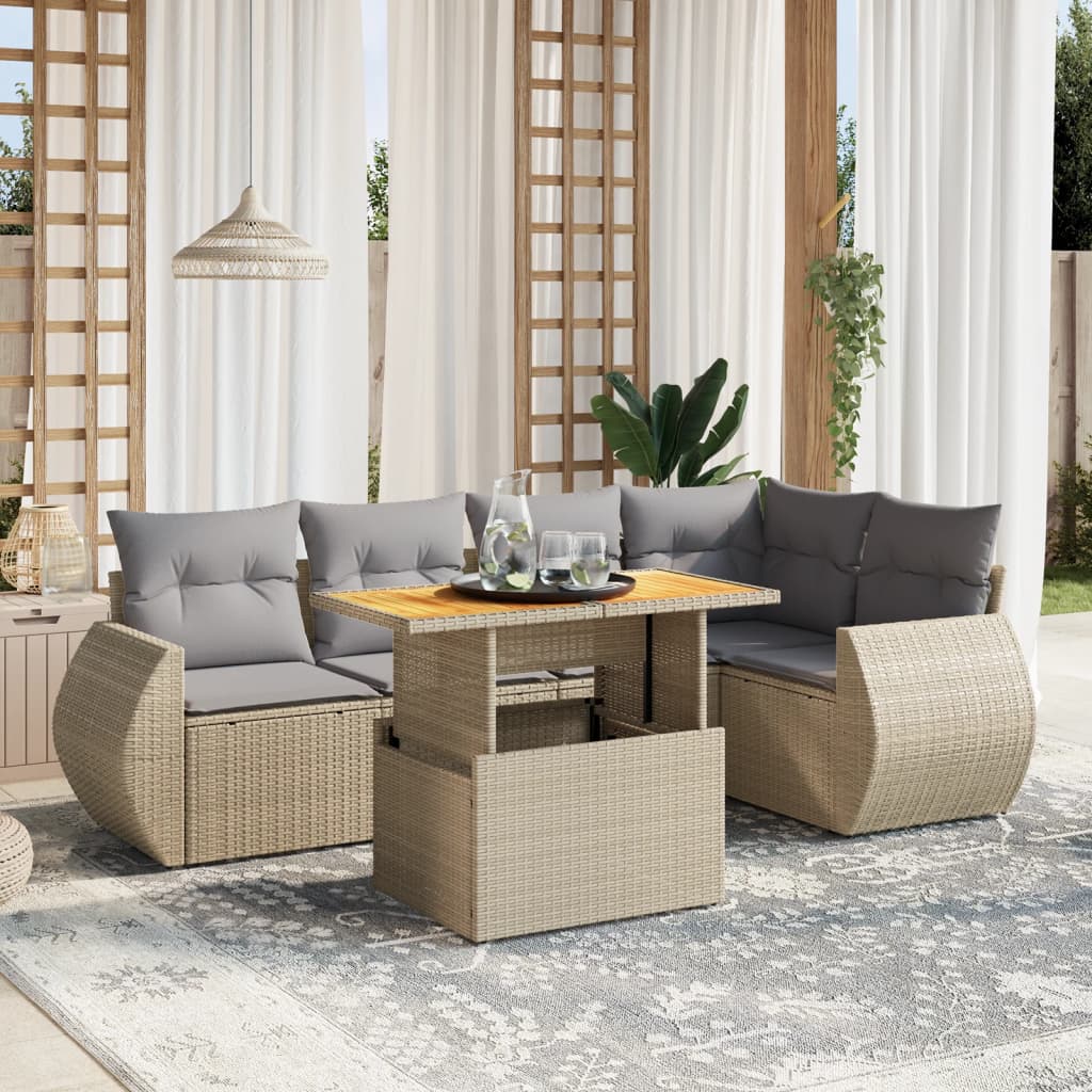 6 Pcs conjunto de sofás p/ jardim com almofadões vime PE bege