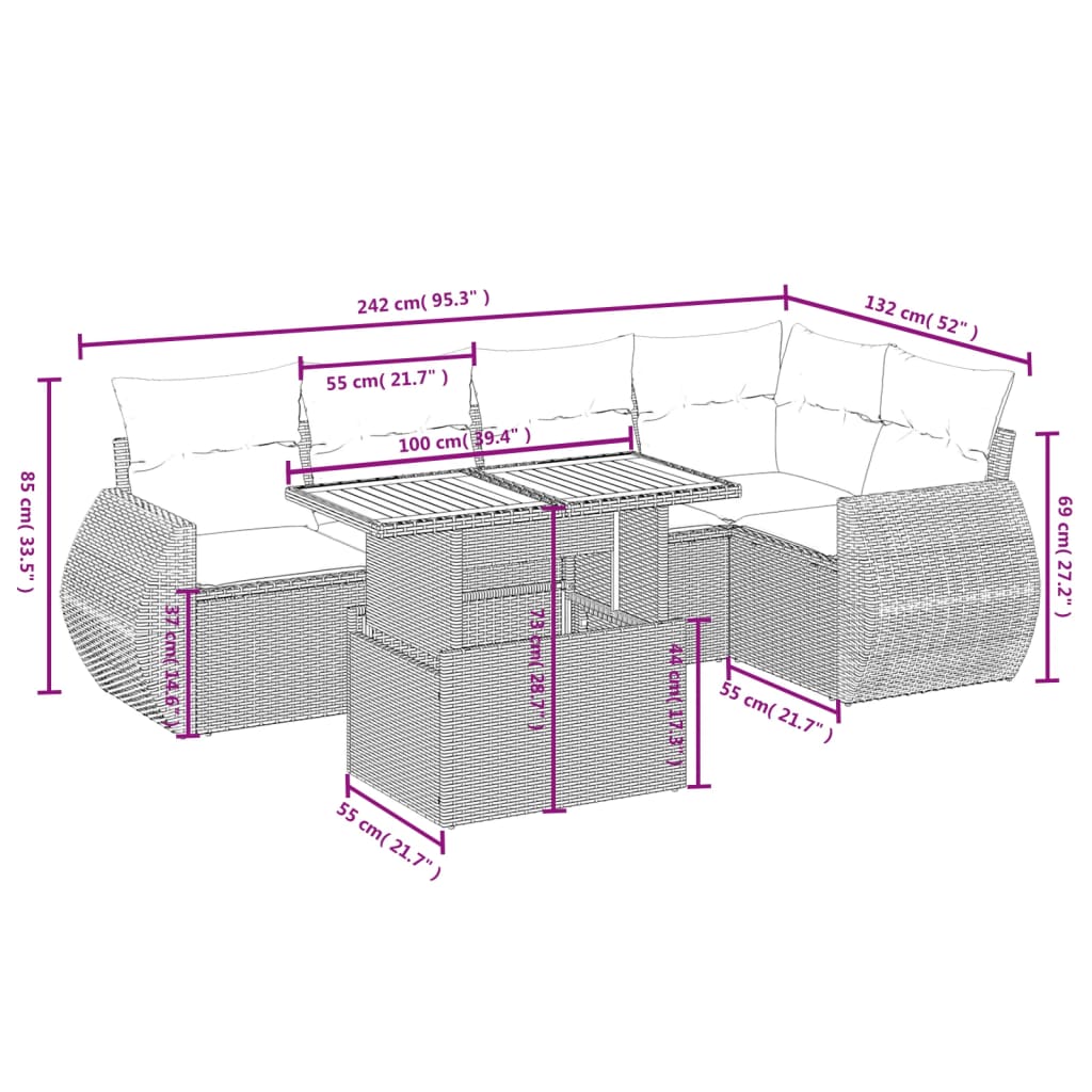6 Pcs conjunto de sofás p/ jardim com almofadões vime PE bege