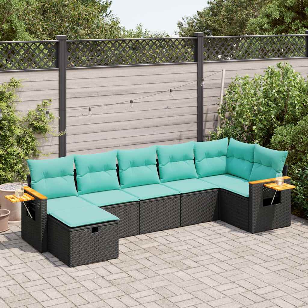 7 Pcs conjunto de sofás p/ jardim c/ almofadões vime PE preto