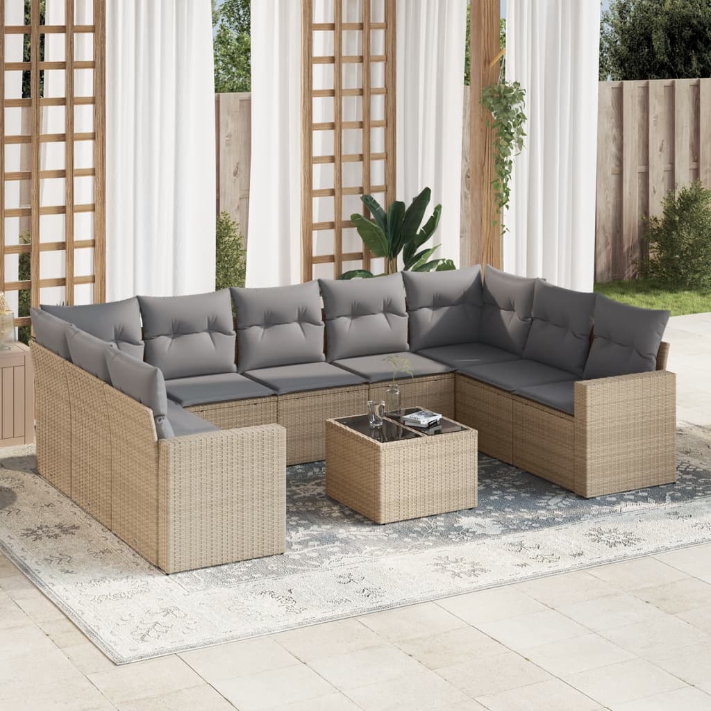 10 Pcs conjunto de sofás p/ jardim com almofadões vime PE bege