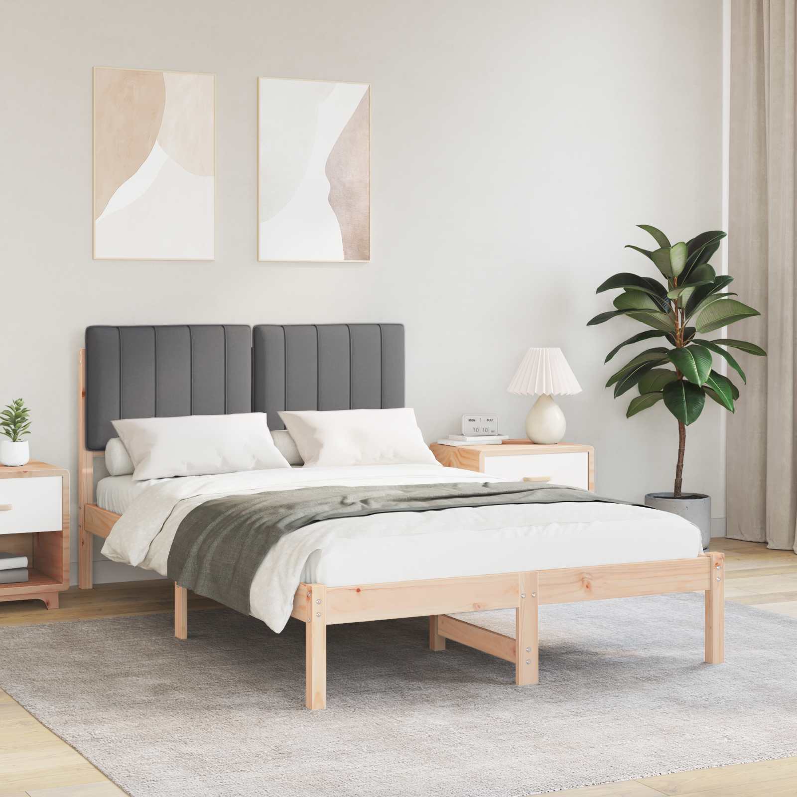 Estrutura de cama com cabeceira estofada cinza escuro