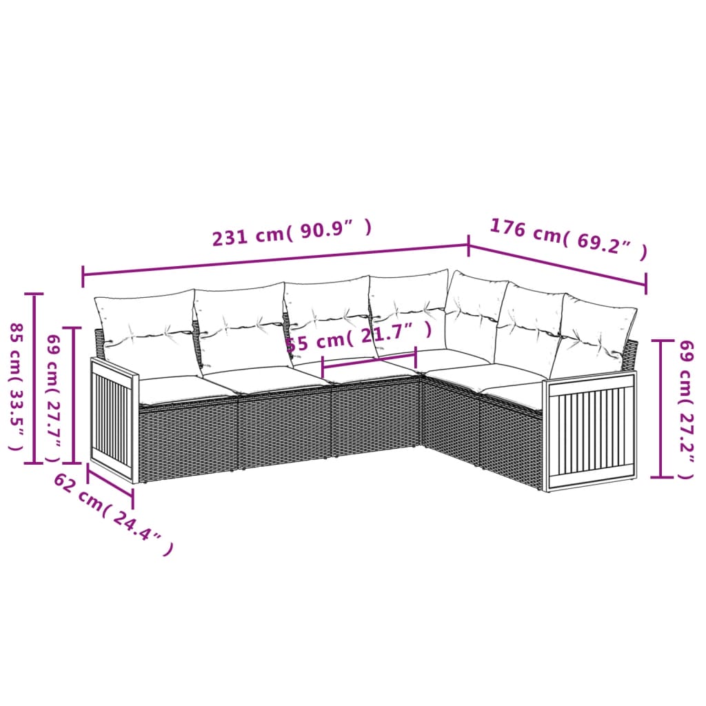 6 Pcs conjunto sofás de jardim com almofadões vime cinzento