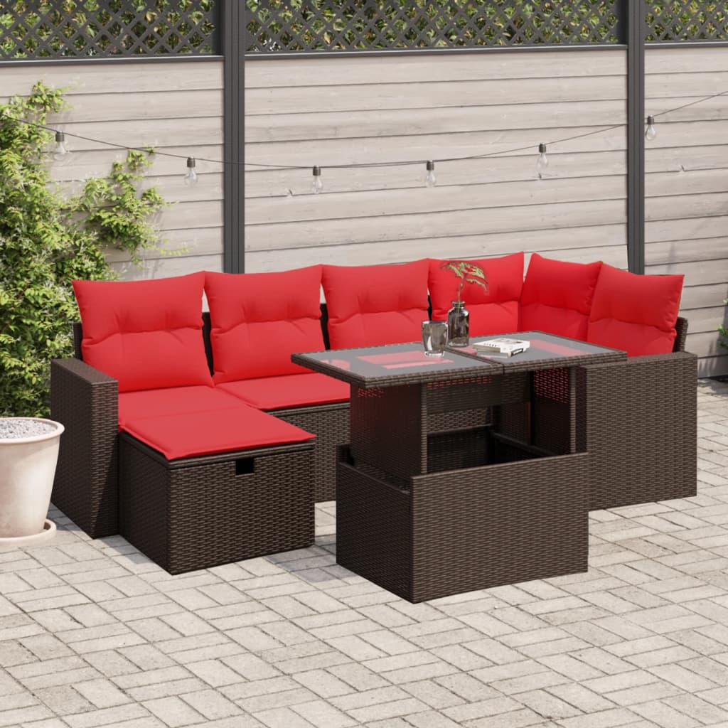 Conjunto de sofá de jardim com 7 peças e almofadas em rattan sintético marrom