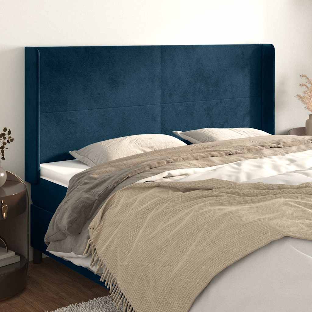 Cabeceira cama c/ abas veludo 163x16x118/128 cm azul-escuro
