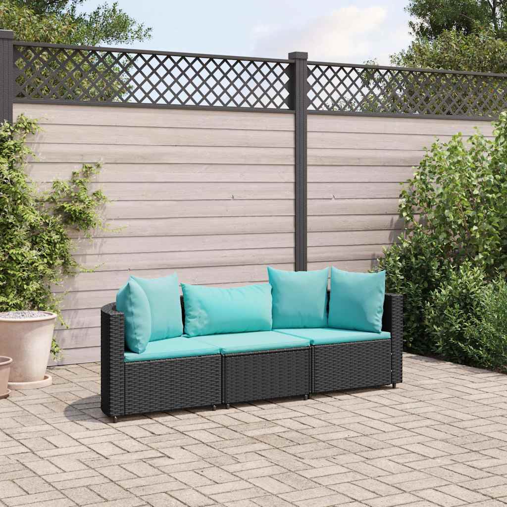 3 Pcs conjunto sofás de jardim com almofadões vime PE preto