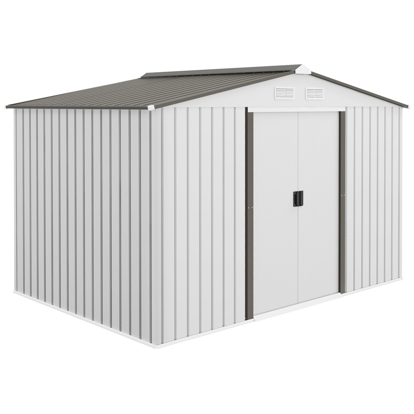 Abrigo de Jardim Exterior para Armazenamento de Ferramentas com 4 Janelas 277x195x192 cm Branco e Cinza Escuro