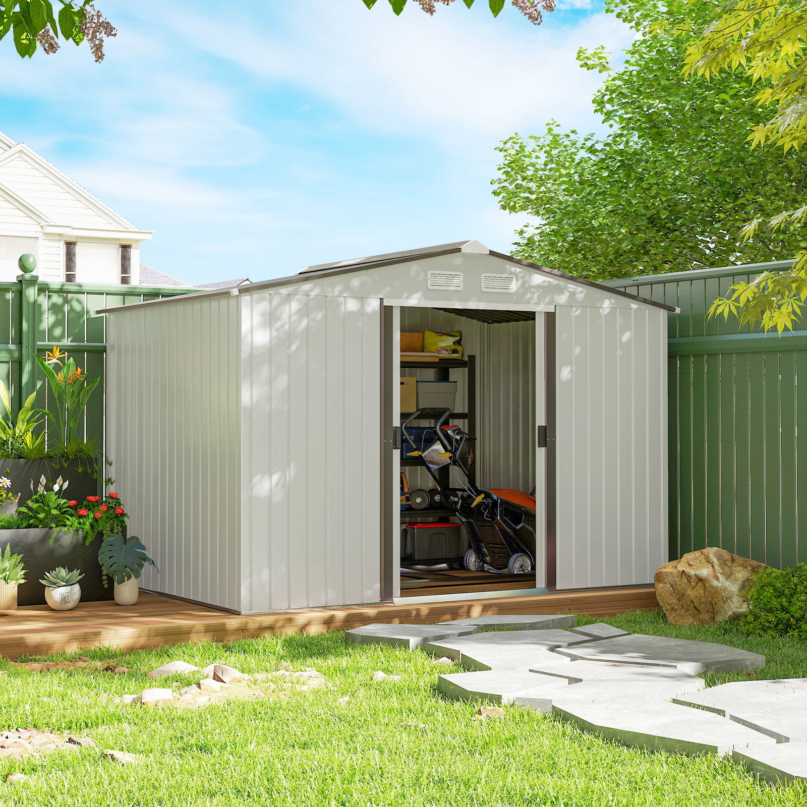 Abrigo de Jardim Exterior para Armazenamento de Ferramentas com 4 Janelas 277x195x192 cm Branco e Cinza Escuro