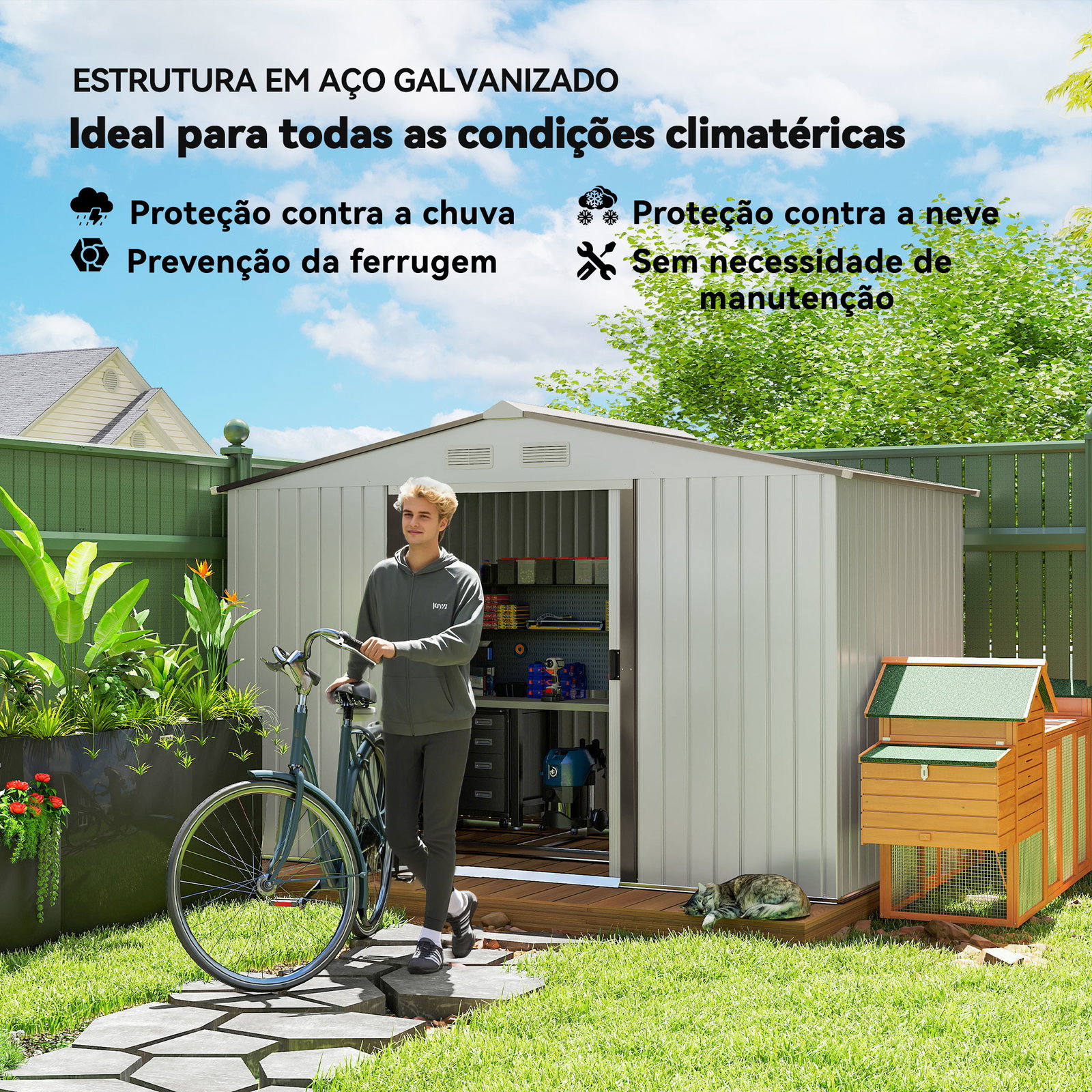 Abrigo de Jardim Exterior para Armazenamento de Ferramentas com 4 Janelas 277x195x192 cm Branco e Cinza Escuro