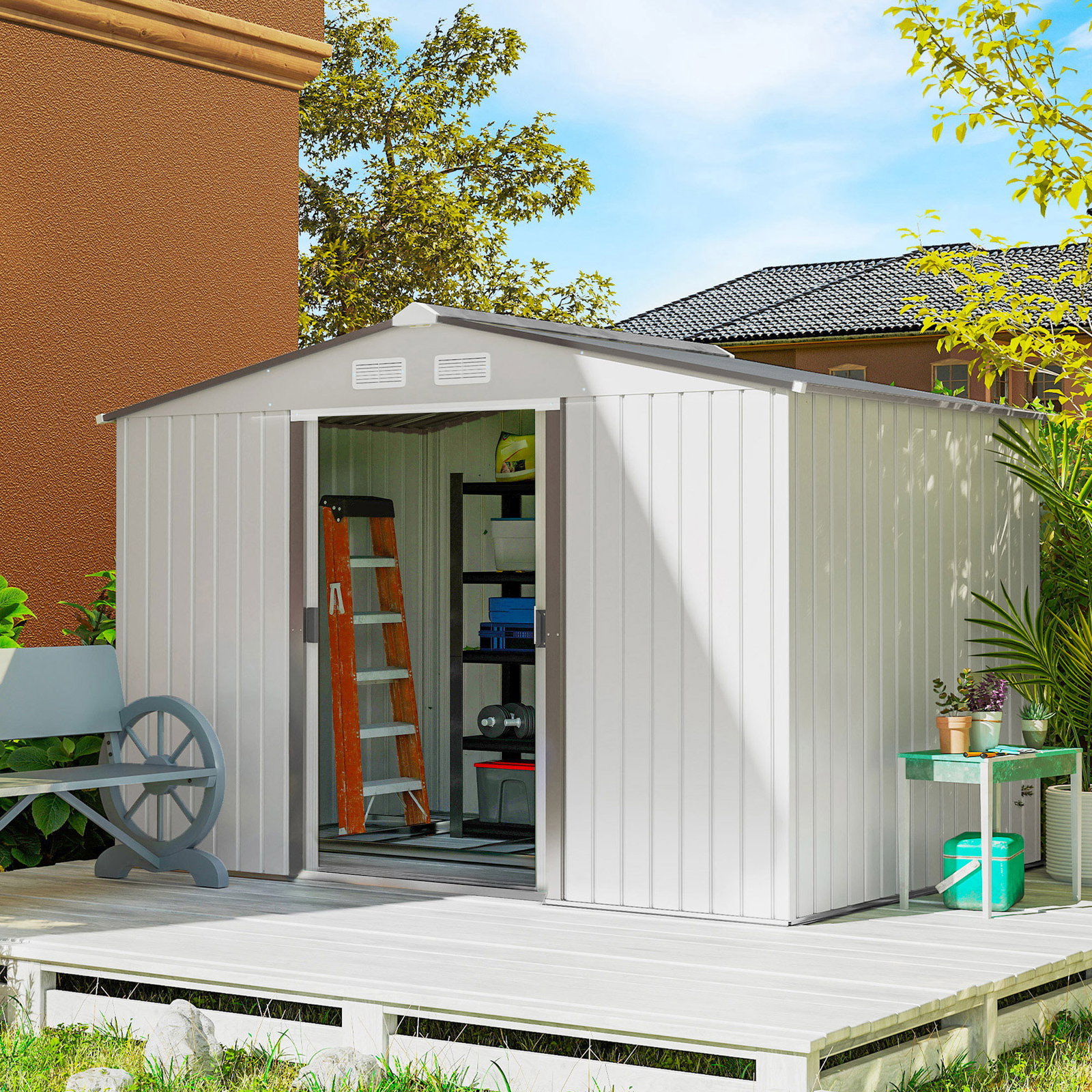 Abrigo de Jardim Exterior para Armazenamento de Ferramentas com 4 Janelas 277x195x192 cm Branco e Cinza Escuro
