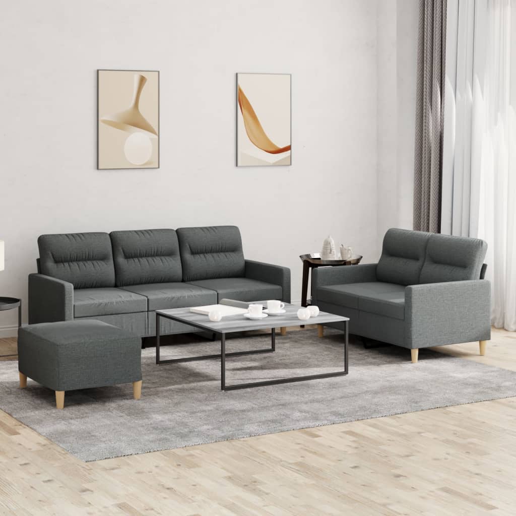 3 Pcs conjunto de sofás com almofadões tecido cinzento-escuro