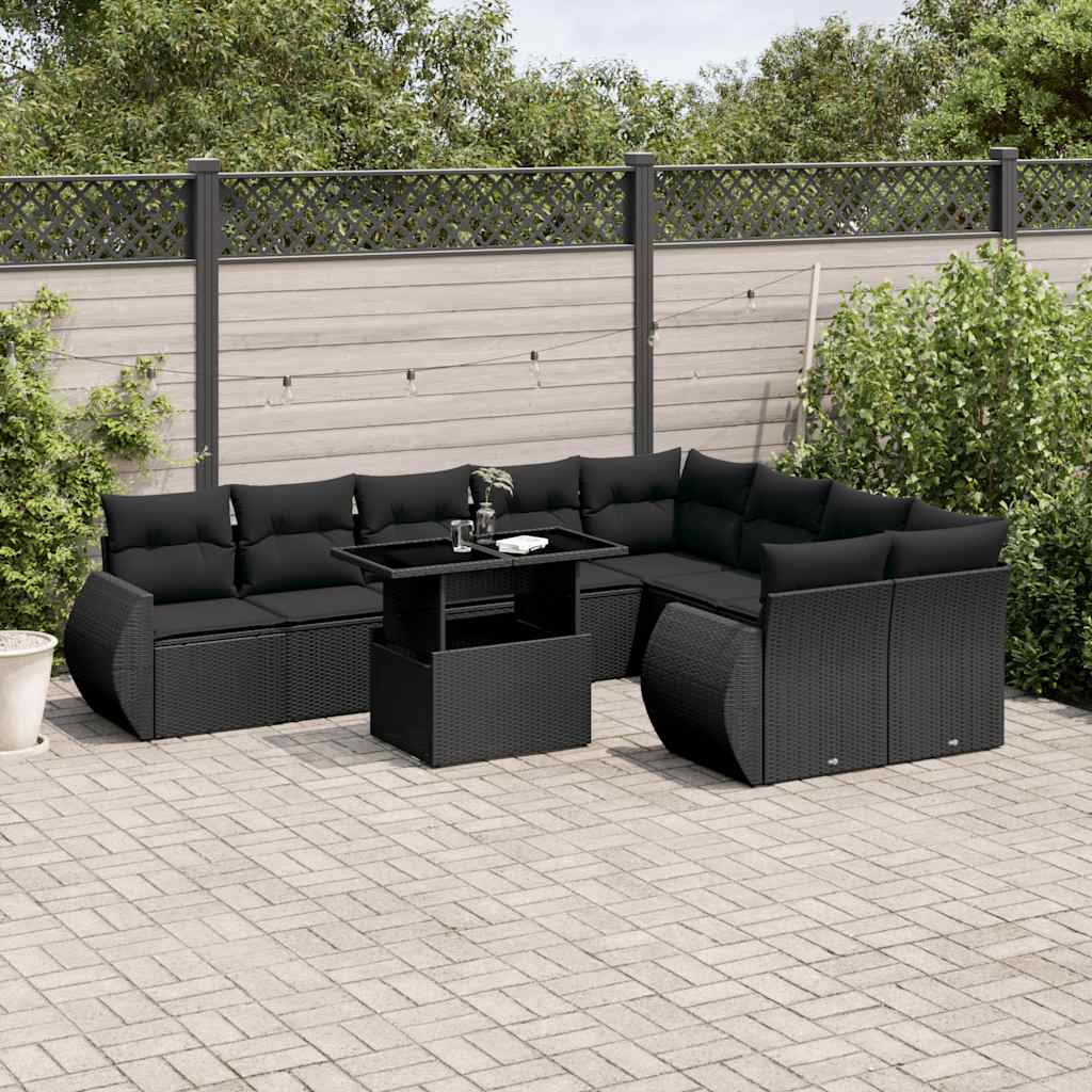 10 Pcs conjunto sofás de jardim c/ almofadões vime PE preto