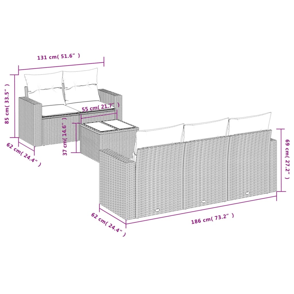 6 Pcs conjunto sofás de jardim com almofadões vime cinzento