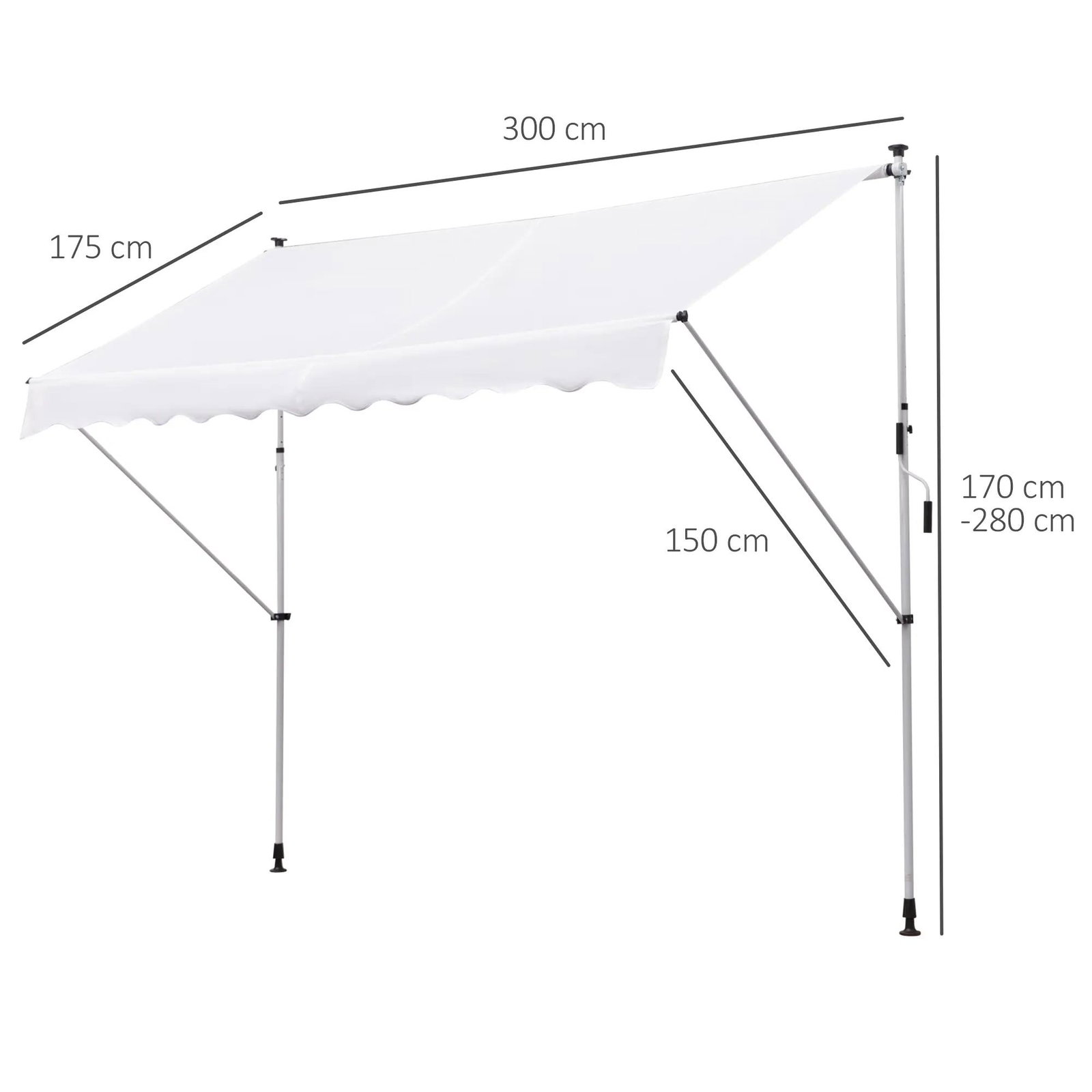 Toldo manual retrátil para exterior 300x150x170-280cm toldo enrolável altura ajustável com manivela proteção solar para terraço balcão jardim branco