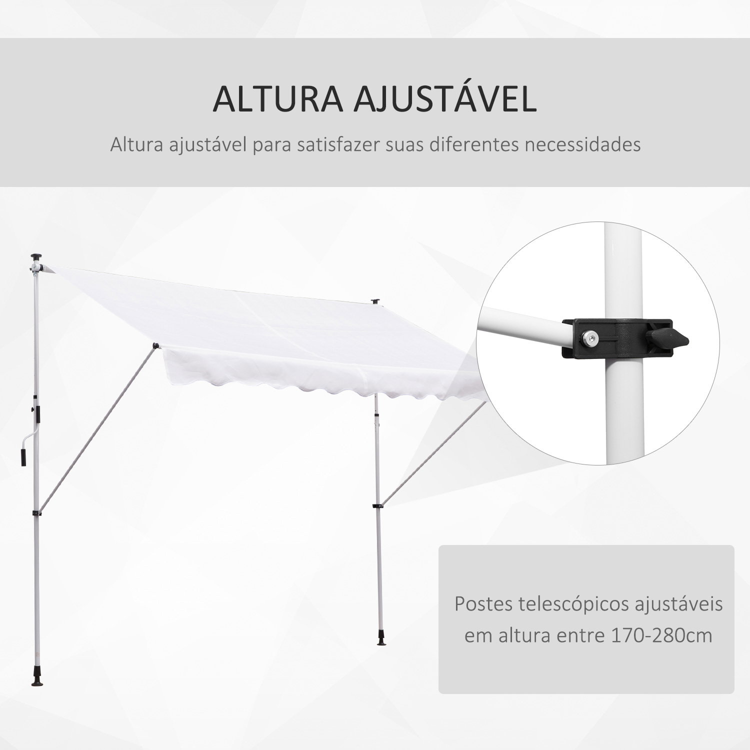 Toldo manual retrátil para exterior 300x150x170-280cm toldo enrolável altura ajustável com manivela proteção solar para terraço balcão jardim branco