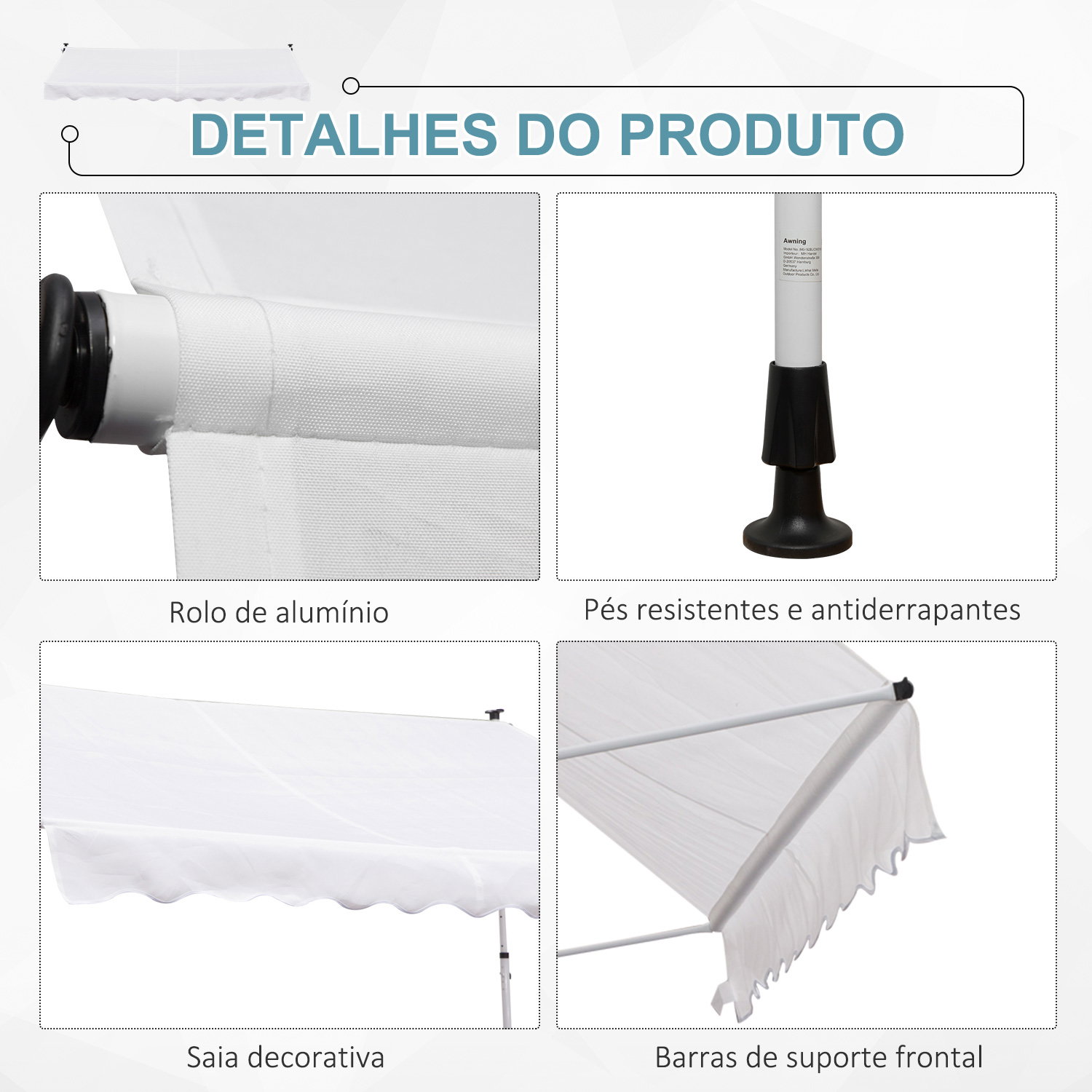 Toldo manual retrátil para exterior 300x150x170-280cm toldo enrolável altura ajustável com manivela proteção solar para terraço balcão jardim branco