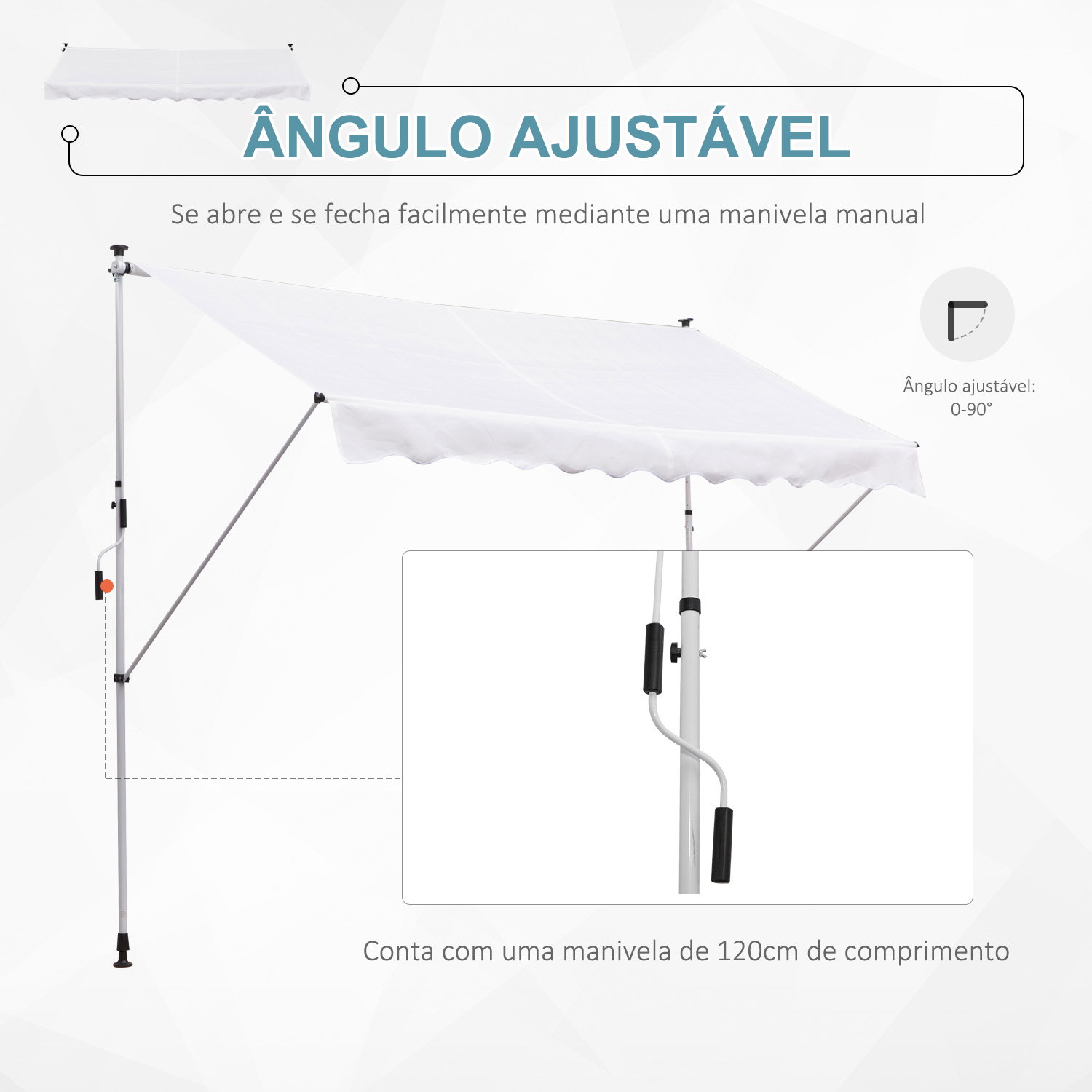 Toldo manual retrátil para exterior 300x150x170-280cm toldo enrolável altura ajustável com manivela proteção solar para terraço balcão jardim branco