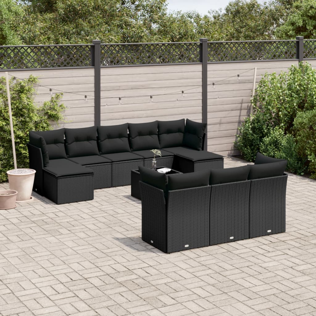 11 Pcs conjunto sofás de jardim c/ almofadões vime PE preto