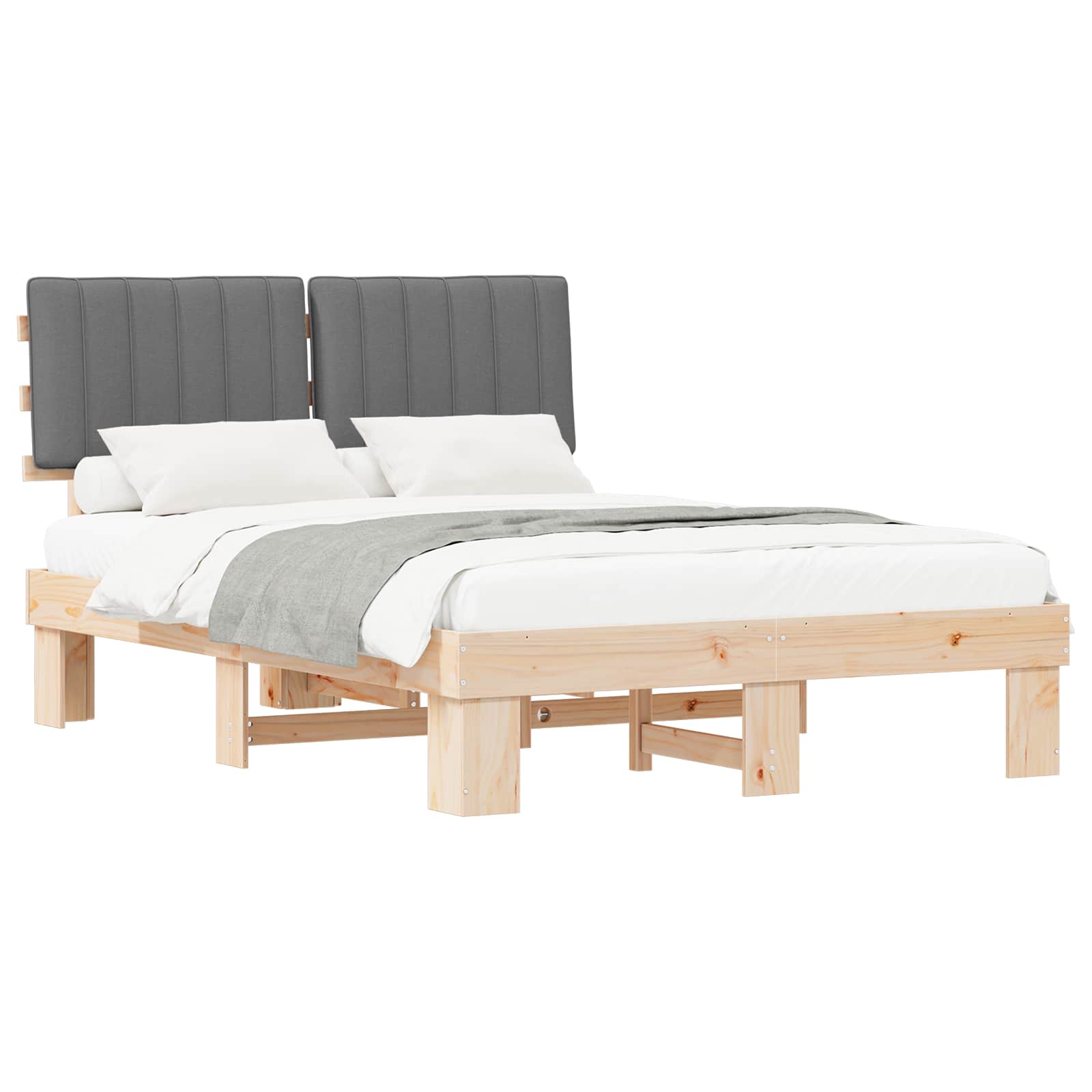 Estrutura de cama com cabeceira estofada cinzento-claro