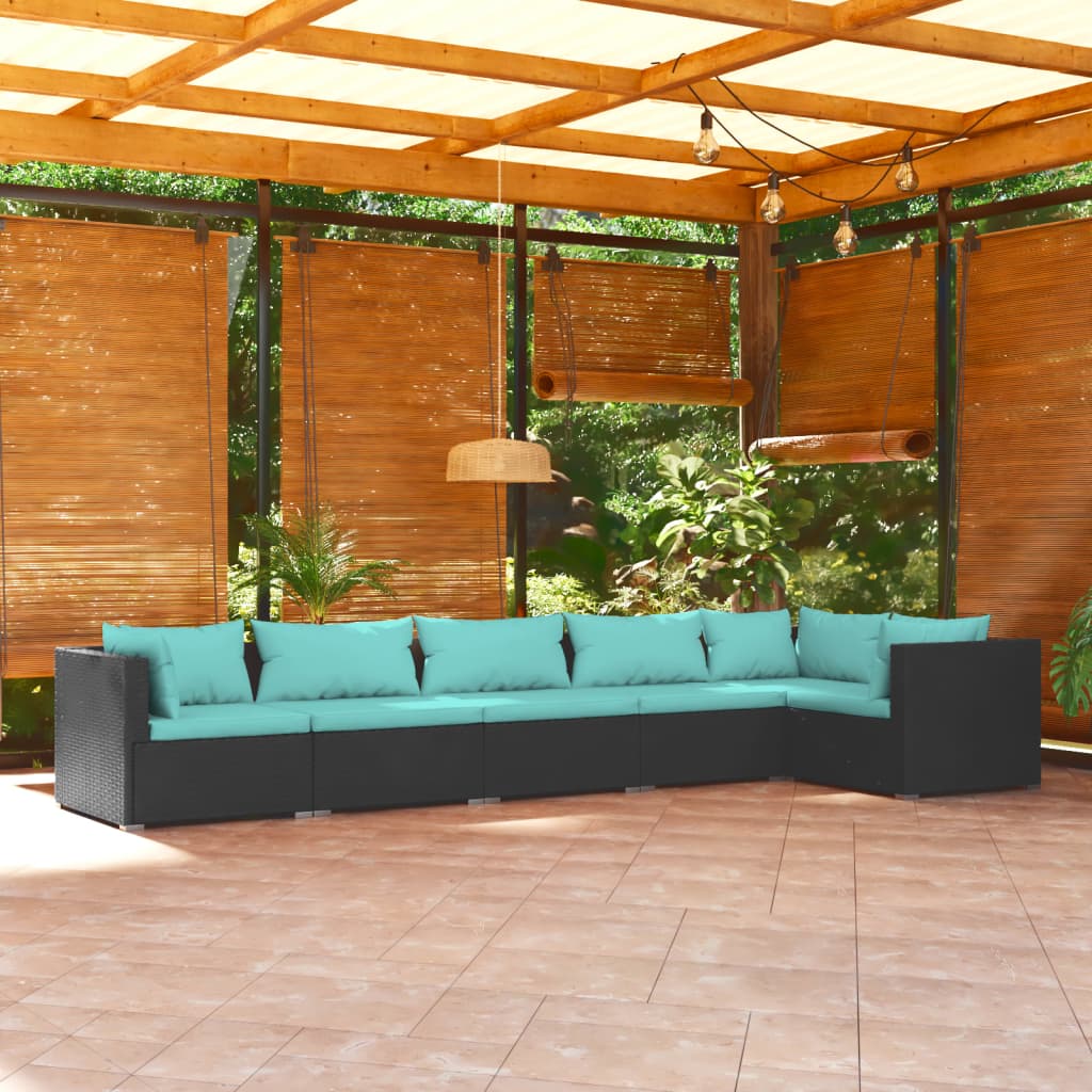 6 Pcs conjunto lounge de jardim c/ almofadões vime PE preto
