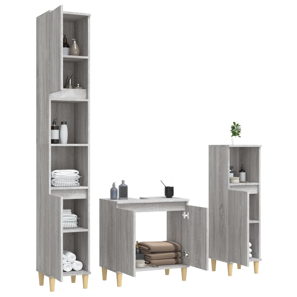 3 Pcs conjunto móveis casa de banho madeira proc. cinza sonoma