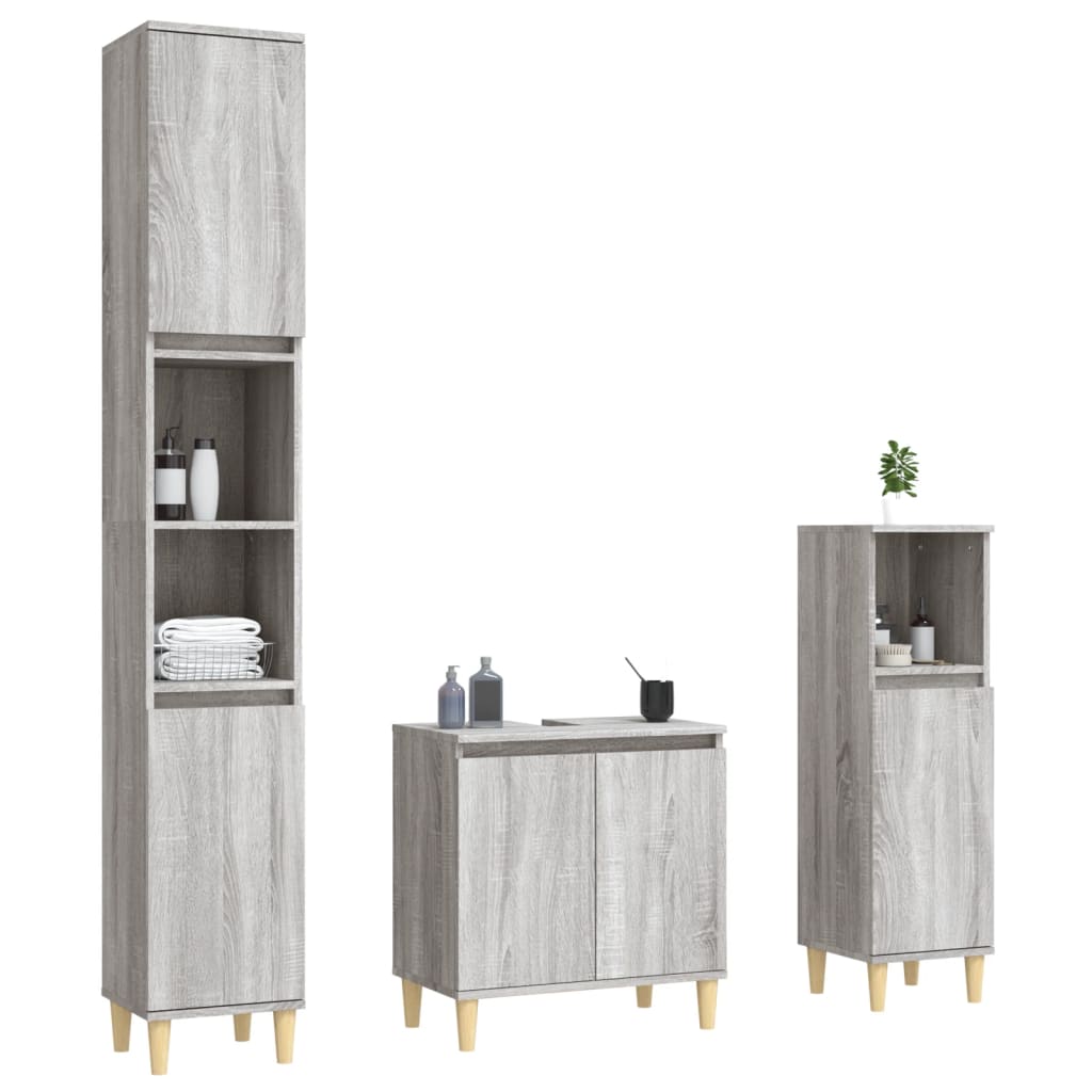 3 Pcs conjunto móveis casa de banho madeira proc. cinza sonoma