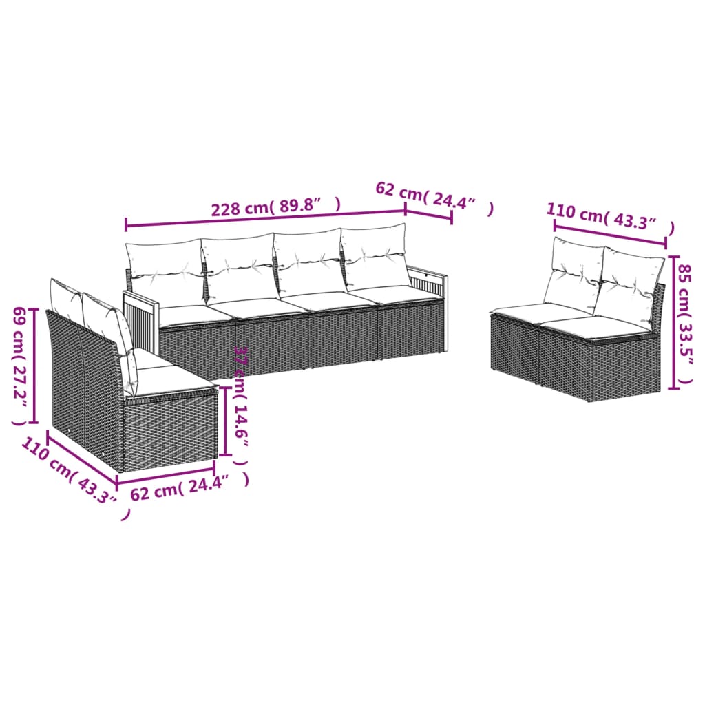 8 Pcs conjunto de sofás p/ jardim com almofadões vime PE bege
