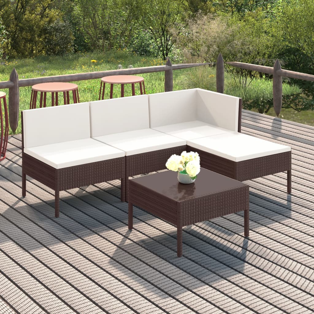 5 Pcs conjunto lounge jardim c/ almofadões vime PE castanho