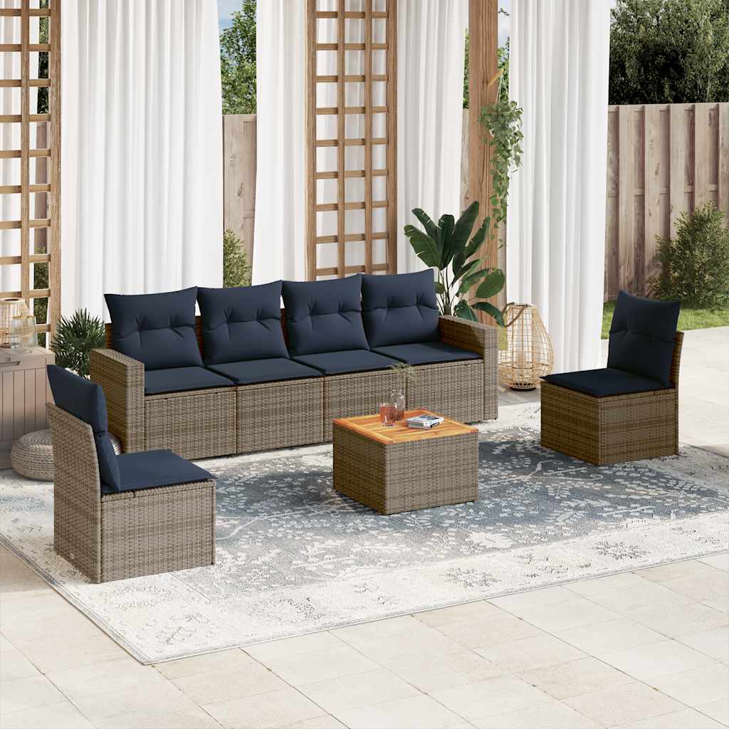 7 Pcs conjunto sofás p/ jardim c/ almofadões vime PE cinzento