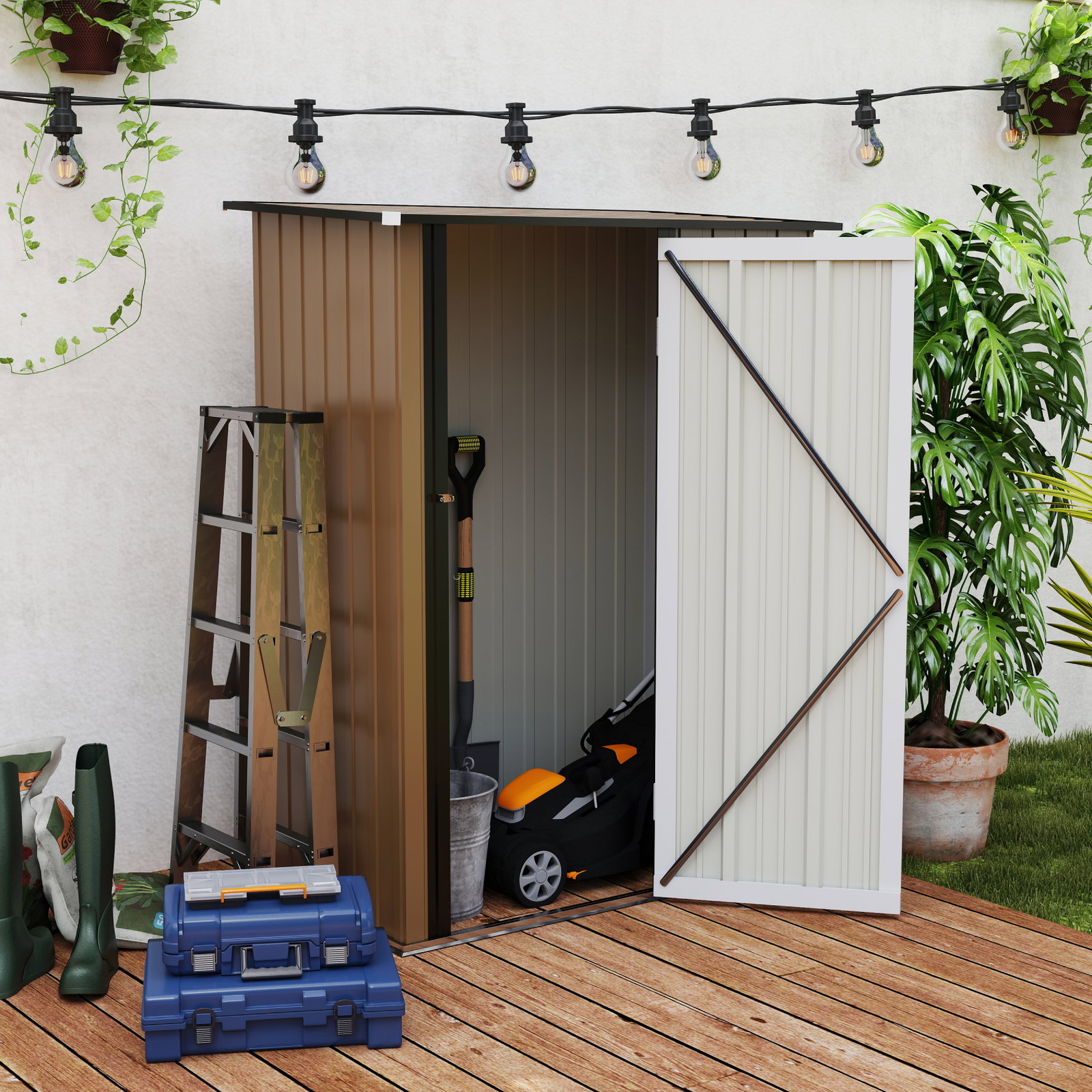 Abrigo de Jardim 1,07m² 142x84x189cm Abrigo de Jardim de Aço Galvanizado com Porta Fechadura e Orifícios de Drenagem para Armaze