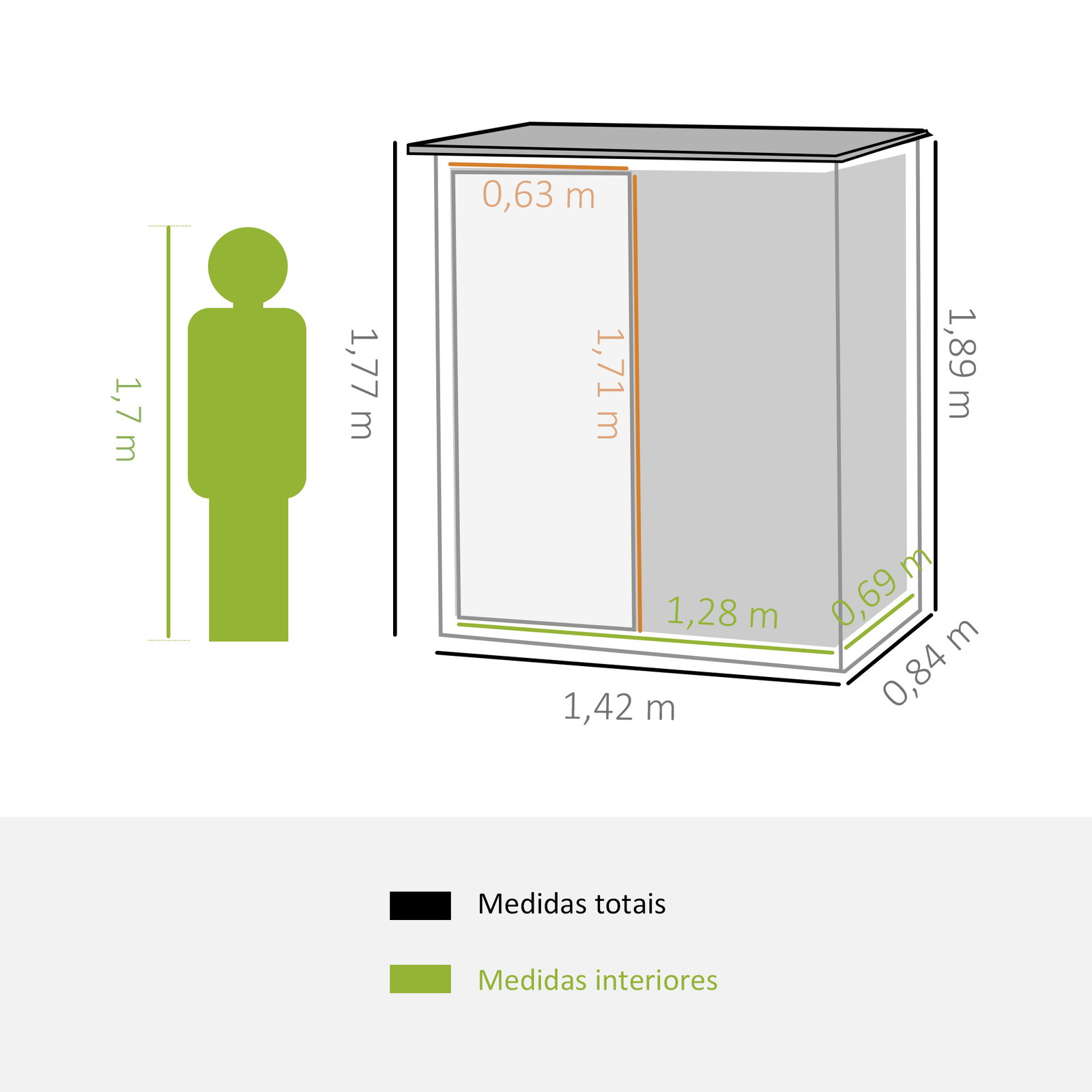 Abrigo de Jardim 1,07m² 142x84x189cm Abrigo de Jardim de Aço Galvanizado com Porta Fechadura e Orifícios de Drenagem para Armaze