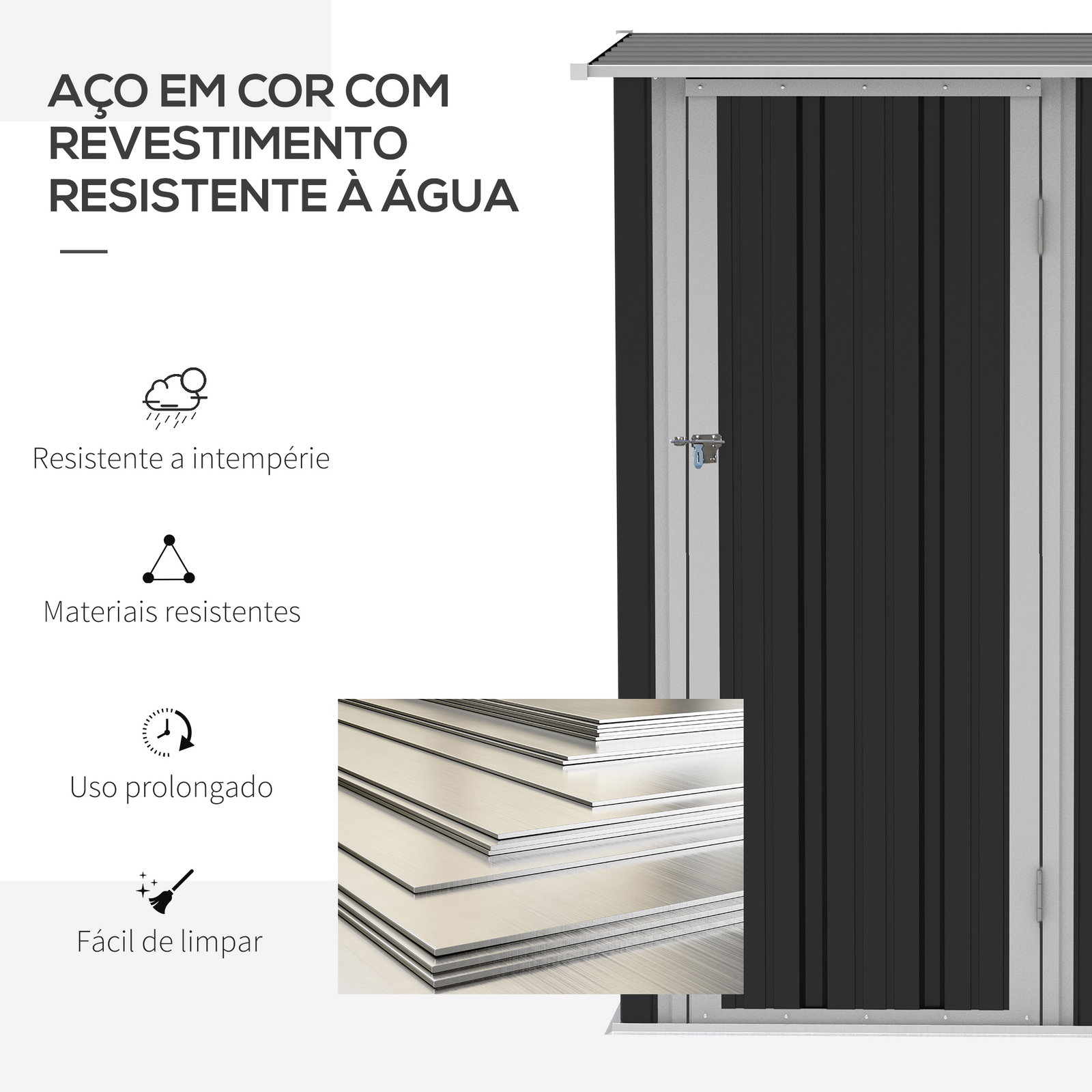 Abrigo de Jardim 1,07m² 142x84x189cm Abrigo de Jardim de Aço Galvanizado com Porta Fechadura e Orifícios de Drenagem para Armaze