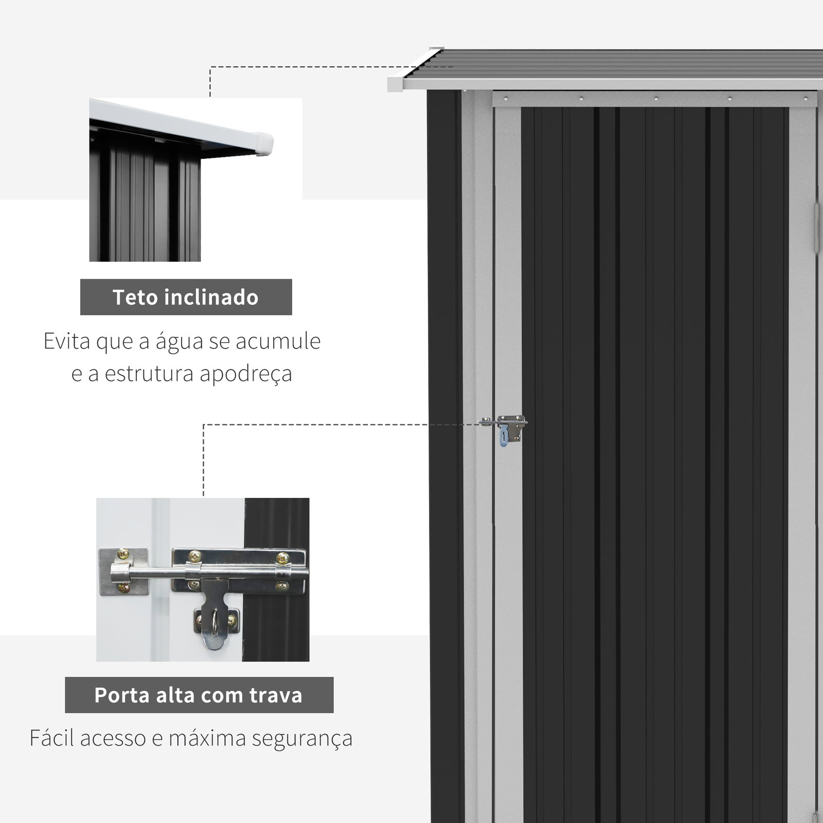 Abrigo de Jardim 1,07m² 142x84x189cm Abrigo de Jardim de Aço Galvanizado com Porta Fechadura e Orifícios de Drenagem para Armaze