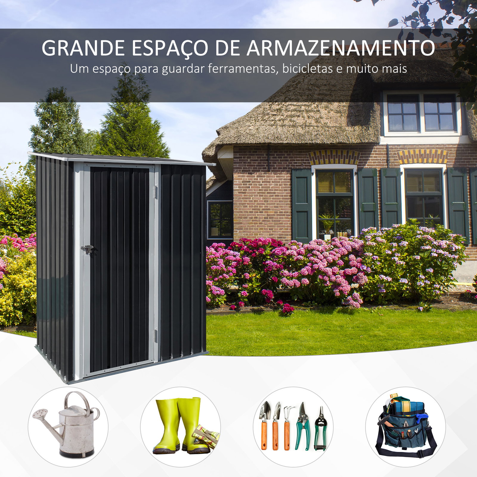 Abrigo de Jardim 1,07m² 142x84x189cm Abrigo de Jardim de Aço Galvanizado com Porta Fechadura e Orifícios de Drenagem para Armaze