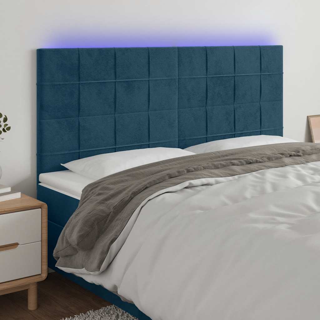 Cabeceira cama c/ luzes LED veludo 200x5x118/128cm azul-escuro