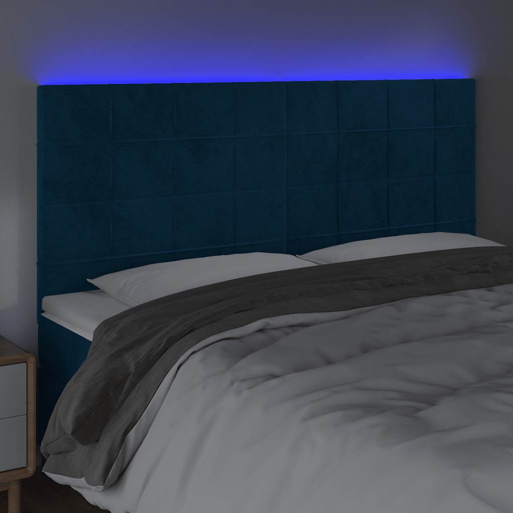 Cabeceira cama c/ luzes LED veludo 200x5x118/128cm azul-escuro