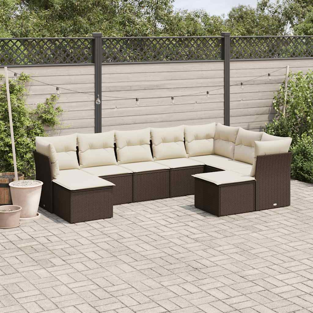 9 Pcs conjunto sofás p/ jardim c/ almofadões vime PE castanho