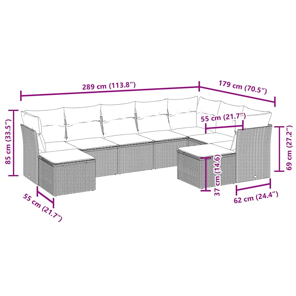 9 Pcs conjunto sofás p/ jardim c/ almofadões vime PE castanho