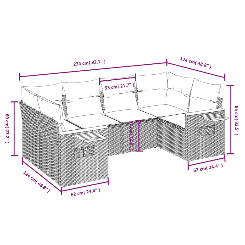 6 Pcs conjunto sofás de jardim c/ almofadões vime PE preto