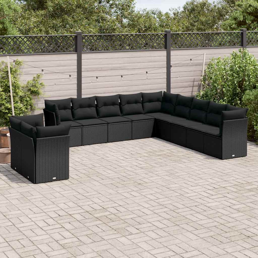 11 Pcs conjunto sofás de jardim c/ almofadões vime PE preto