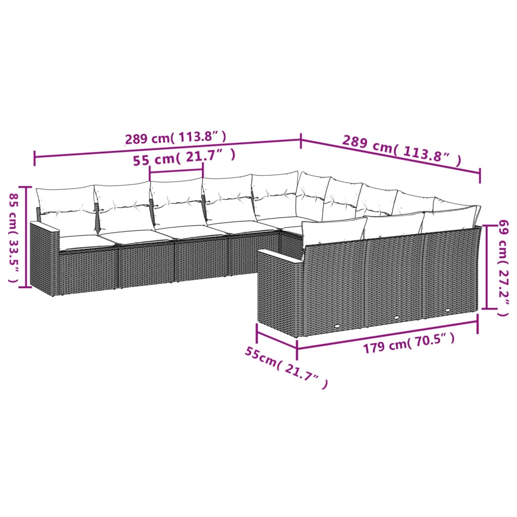 11 Pcs conjunto sofás de jardim c/ almofadões vime PE bege