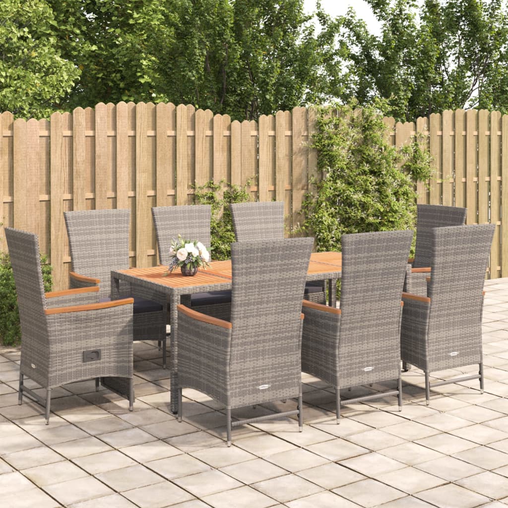 9 Pcs conjunto de jantar p/ jardim c/ almofadões vime PE cinza