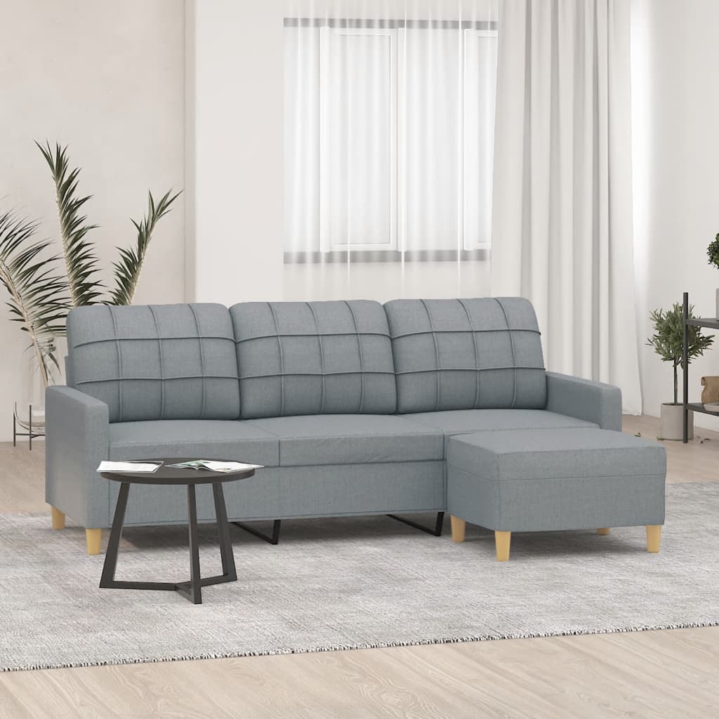 Sofá de 3 lugares com apoio de pés 180 cm tecido cinzento-claro