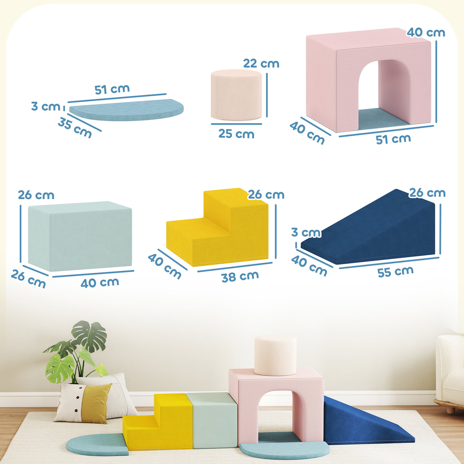 Conjunto de 8 blocos de espuma para crianças com capas de veludo laváveis para escalar e rastejar multicor