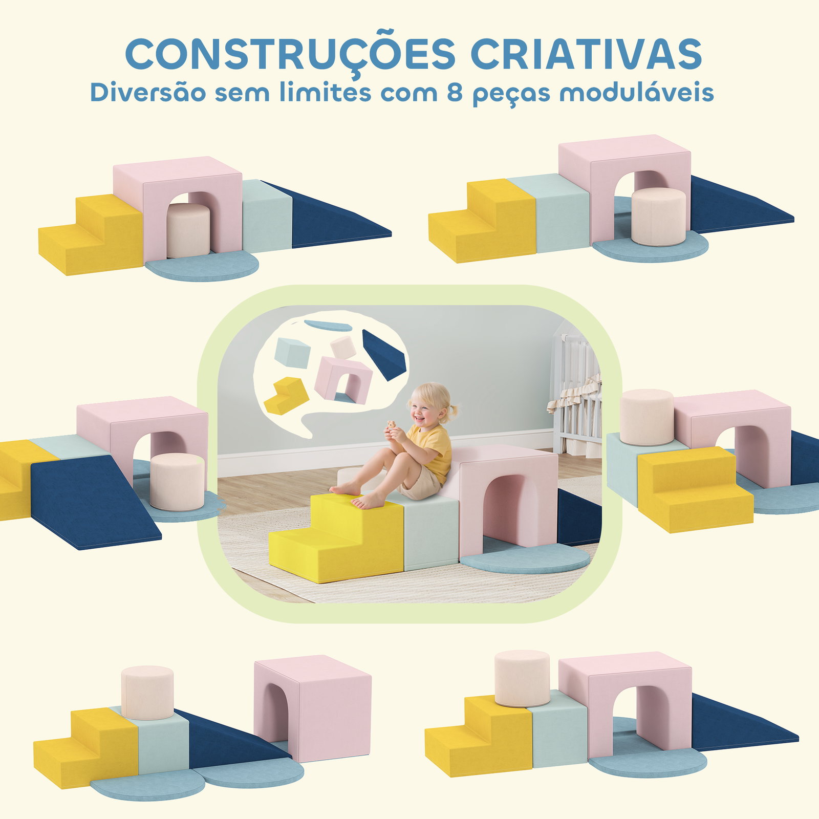 Conjunto de 8 blocos de espuma para crianças com capas de veludo laváveis para escalar e rastejar multicor