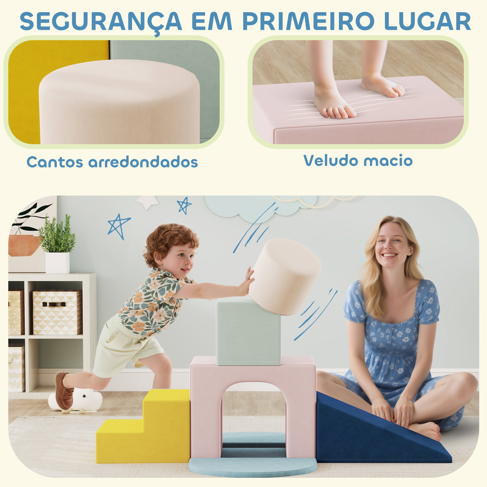Conjunto de 8 blocos de espuma para crianças com capas de veludo laváveis para escalar e rastejar multicor