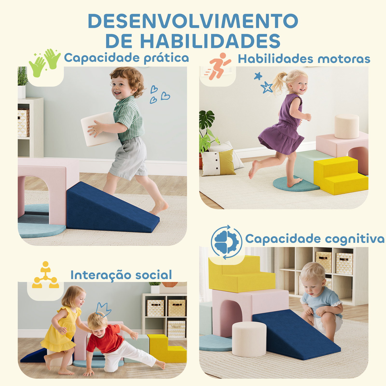 Conjunto de 8 blocos de espuma para crianças com capas de veludo laváveis para escalar e rastejar multicor