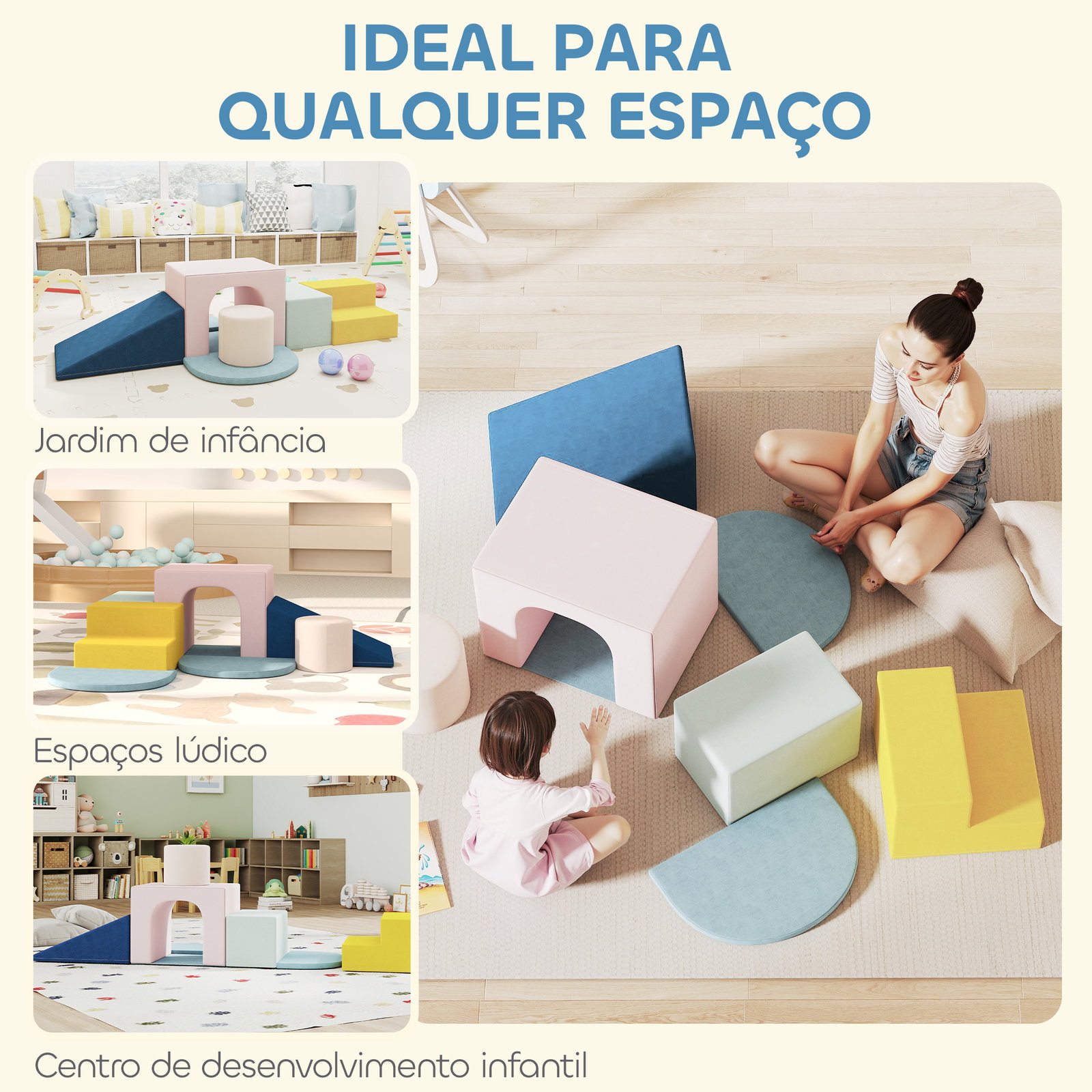 Conjunto de 8 blocos de espuma para crianças com capas de veludo laváveis para escalar e rastejar multicor