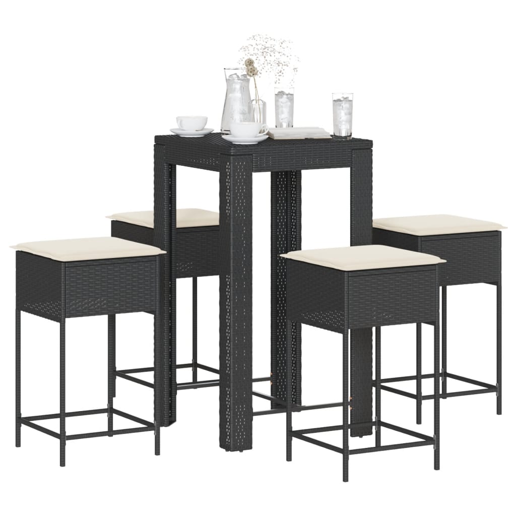 5 Pcs conjunto de bar p/ jardim c/ almofadões vime PE preto