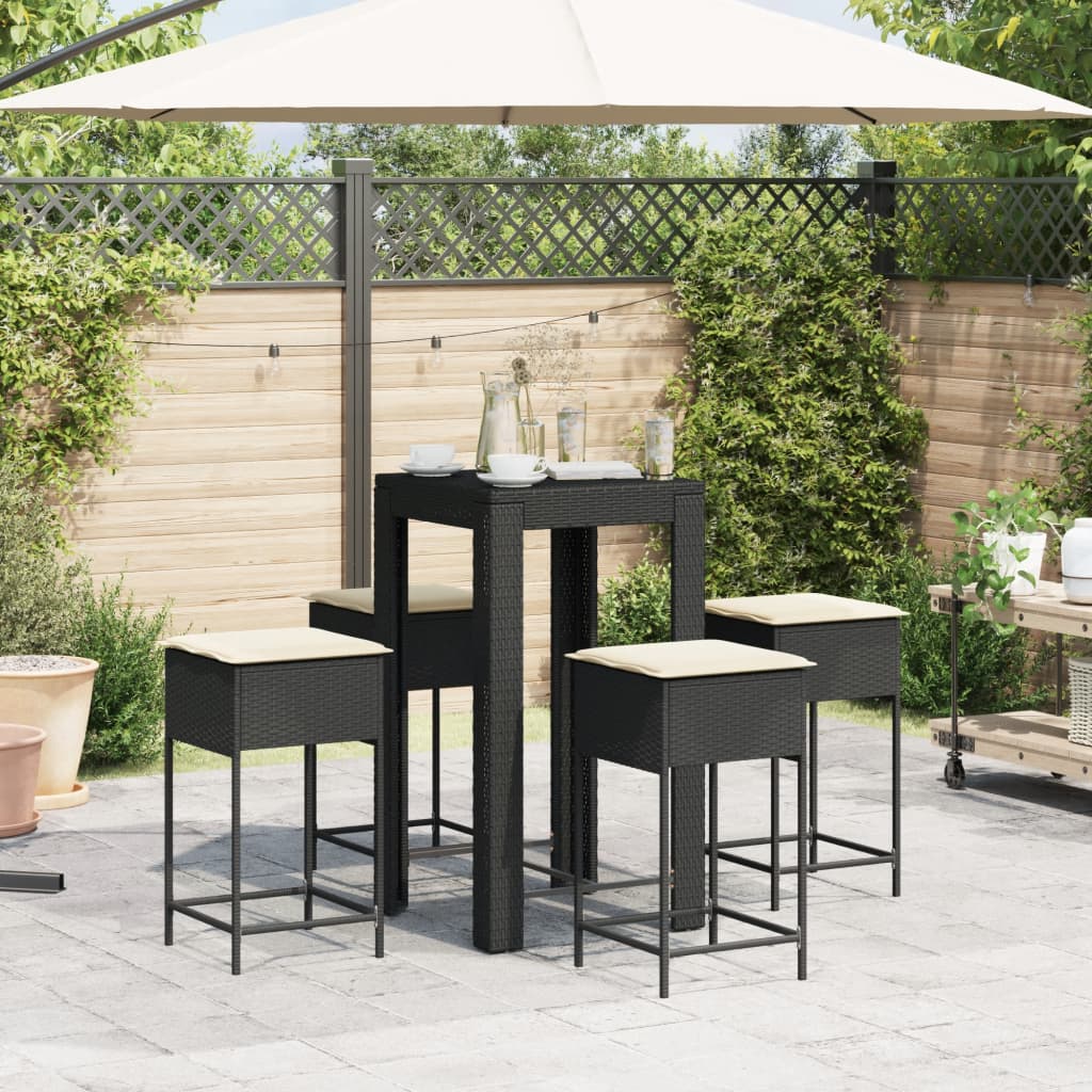 5 Pcs conjunto de bar p/ jardim c/ almofadões vime PE preto